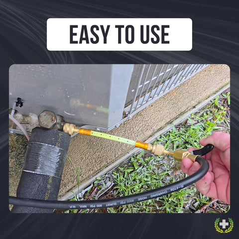 Leak Saver AC leak sealer injector hose with dual ball valves and brass fittings attached to outdoor condenser line