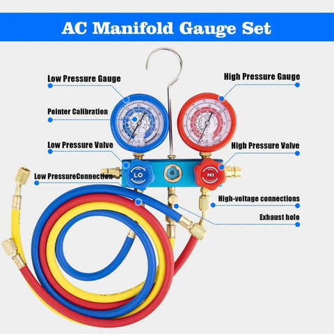 AC manifold gauge set with high and low pressure gauges for heavy duty HVAC vacuum pump and R134a gauge kit, automotive AC repair by LOYPP.