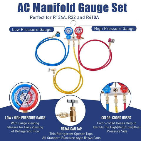 Powerful 3.6CFM 1/4HP AC Vacuum Pump Kit With Gauge Set showcasing low and high pressure gauges and color-coded hoses