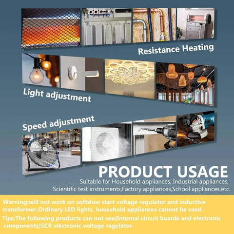 Product usage for AC Motor Speed Controller 100V-120V 15A Max Variable Fan Speed Controller, Electronic Voltage Regulator with images of heating, lighting, and speed adjustment applications
