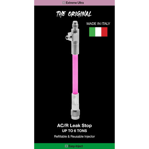 Extreme Ultra A/C leak stop injector with pink tube and metal fittings, 1/4 SAE port, made in Italy