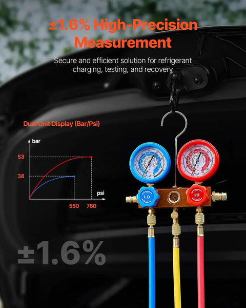 All-in-One AC Vacuum Pump And Gauge Kit With Leak Detector Hoses for Auto and HVAC service showing pressure gauges and hoses.
