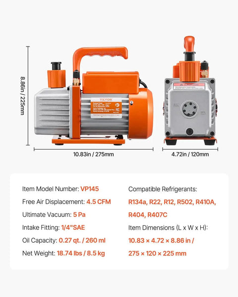 All-in-One AC Vacuum Pump And Gauge Kit With Leak Detector Hoses For Auto And HVAC Service, VEVOR 4.5 CFM Single-Stage Rotary Vane Pump