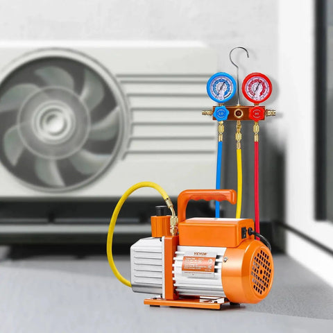 All-in-One AC Vacuum Pump And Gauge Kit With Leak Detector Hoses For Auto And HVAC Service by VEVOR, shown with AC unit in background.