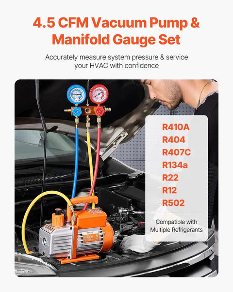 Technician using All-in-One AC Vacuum Pump And Gauge Kit With Leak Detector Hoses For Auto And HVAC Service in a car engine