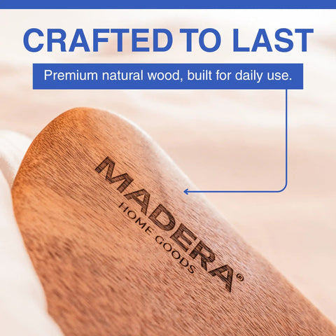 Close-up of Bed Sheet Tucker Mattress Lifter Tool Made From Sturdy Acacia Wood with Madera logo, highlighting craftsmanship
