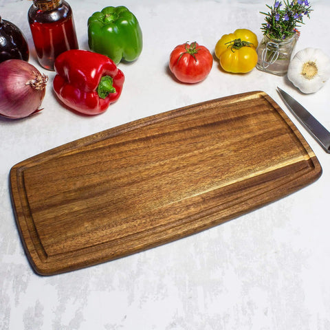 Acacia Wood Cutting Board With Juice Groove For Juicy Roasts And Fish Filleting, Oblong Shape Measuring 15-3-4 Inches By 7-7-8 Inches