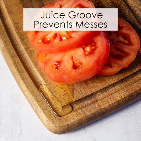 Juicy tomato slices on an Acacia Wood Cutting Board With Juice Groove For Juicy Roasts And Fish Filleting, Oblong Shape Measuring 15-3/4 Inches By 7-7/8 Inches, demonstrating the juice groove feature.