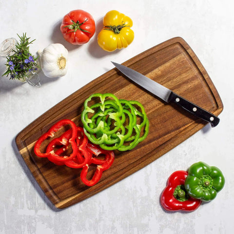 Acacia Wood Cutting Board With Juice Groove For Juicy Roasts And Fish Filleting, Oblong Shape Measuring 15-3/4 Inches By 7-7/8 Inches, ideal for slicing peppers and tomatoes