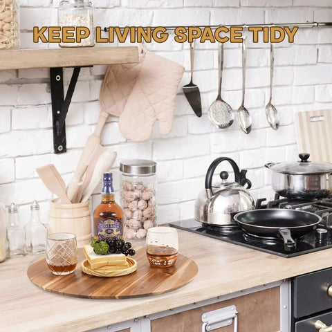 16 Inch Acacia Wood Turntable Organizer For Tabletop Cabinets And Pantries Lazy Susan Rotating Tray with food in kitchen