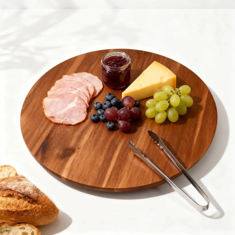 16 Inch Acacia Wood Turntable Organizer For Tabletop Cabinets And Pantries Lazy Susan Rotating Tray with food on counter