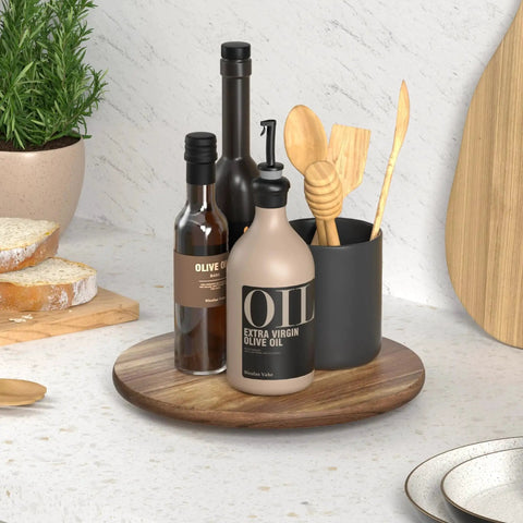 10 Inch Acacia Wood Lazy Susan Turntable For Kitchen Countertop And Cabinet Organization with condiments and utensils