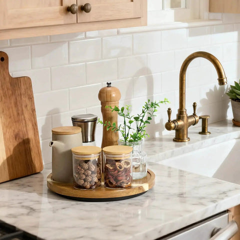 Acacia Wood Lazy Susan Turntable 10 Inch with jars, spices, and condiments on a kitchen countertop, featuring unique natural grain patterns.