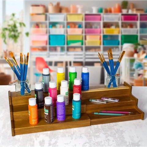 Acacia Wood 3 Tier Spice Rack For Cabinet Or Kitchen Expands From About 12 Inches To About 21 Inches With Clear View Spice Organizer With Adjustable Width Space Saving Tiered Storage TB Home displaying colorful paint bottles and brushes.