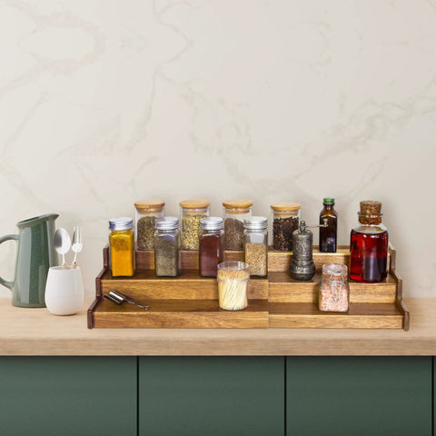 Acacia Wood 3 Tier Spice Rack For Cabinet Or Kitchen Expands From About 12 Inches To About 21 Inches With Clear View Spice Organizer