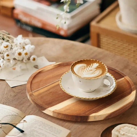 Acacia Wood Lazy Susan Turntable Organizer 8-Inch Round Rotating Serving Tray with coffee cup on table