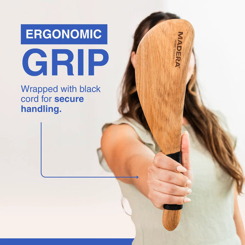 Bed Sheet Tucker Mattress Lifter Tool Made From Sturdy Acacia Wood held by person showing black cord grip