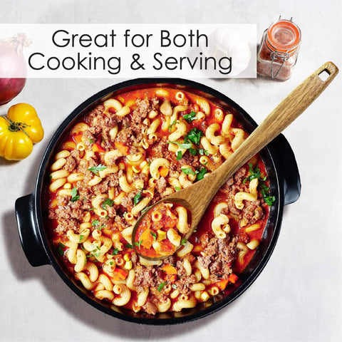 3 Piece Acacia Wood Kitchen Utensil Set With Spatula Slotted Spoon And Cooking Spoon For Flip Stir And Scoop In Nonstick Pans And Everyday Cooking Your Go To Tool For Home Chefs showing wooden spoon in a pan with pasta.
