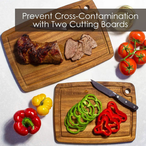 Two Piece Acacia Wood Cutting Board Set For Kitchen Prep, Dual Boards For Meat And Veggies To Prevent Cross Contamination