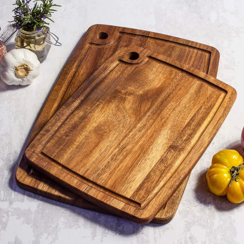 Two Piece Acacia Wood Cutting Board Set For Kitchen Prep, Dual Boards For Meat And Veggies To Prevent Cross Contamination