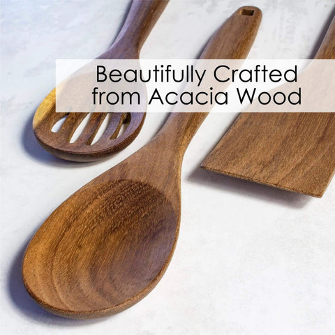 3 Piece Acacia Wood Kitchen Utensil Set With Spatula Slotted Spoon And Cooking Spoon For Flip Stir And Scoop In Nonstick Pans And Everyday Cooking Your Go To Tool For Home Chefs