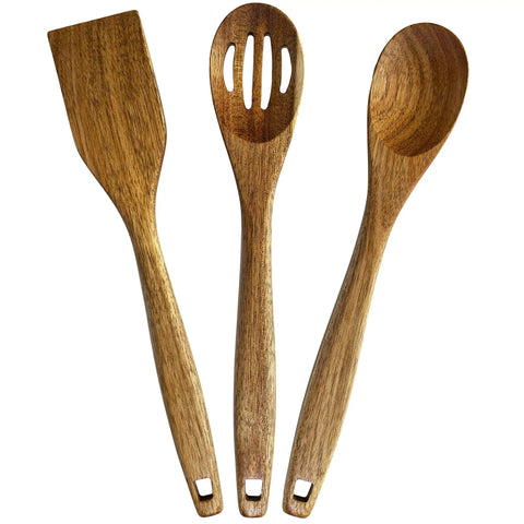 3 Piece Acacia Wood Kitchen Utensil Set With Spatula Slotted Spoon And Cooking Spoon For Flip Stir And Scoop In Nonstick Pans And Everyday Cooking