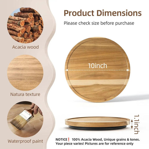 Diagram showing Acacia Wood Lazy Susan Turntable 10 Inch with natural grain, waterproof paint, and 1.1-inch height dimensions.