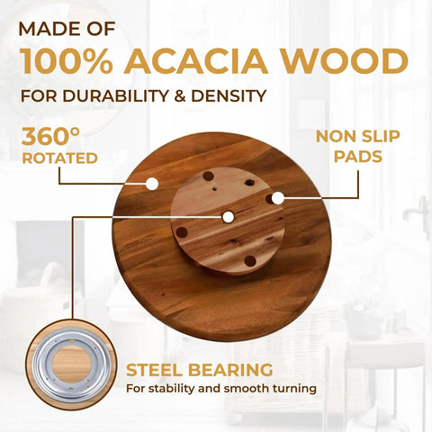 18 Inch Acacia Wood Turntable Organizer Lazy Susan featuring 360° rotation and non-slip pads for kitchen or pantry.