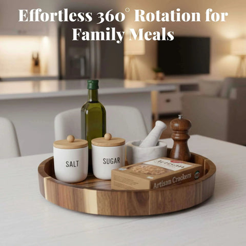 12 inch acacia wood lazy susan wooden turntable organizer with condiments and snacks on a kitchen table.