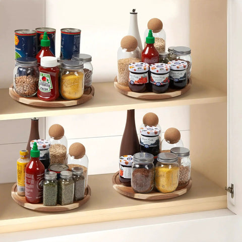 Acacia Wood Lazy Susan Turntable Organizer on shelves with spices, jams, and sauces, 8-inch round rotating serving tray display