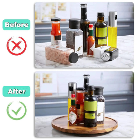 Before and after comparison of spices organized with 12-Inch Acacia Wood Lazy Susan Turntable Organizer For Cabinets and Pantries