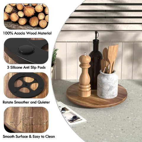 10 Inch Acacia Wood Lazy Susan Turntable For Kitchen Countertop And Cabinet Organization with condiment and napkin organizer