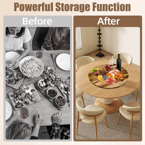 Comparison of dining tables before and after with 30 Inch Acacia Wood Lazy Susan Turntable, Extra Large Wooden Serving Tray on round table.
