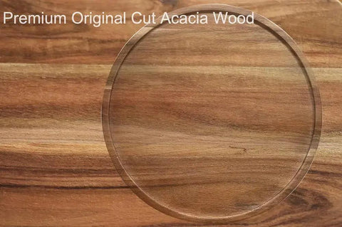 Close-up of a 12 Inch Acacia Wood Lazy Susan Organizer with unique wood grain and 360 degree rotation for kitchen storage.