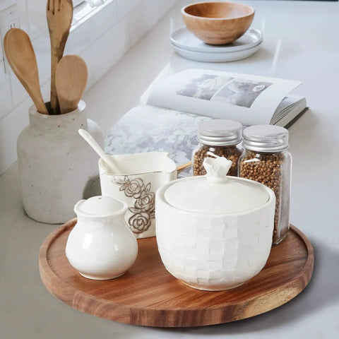Two Pack 10 Inch Acacia Wood Lazy Susan Turntables For Cabinet Kitchen Countertop And Pantry Organization with jars and bowls