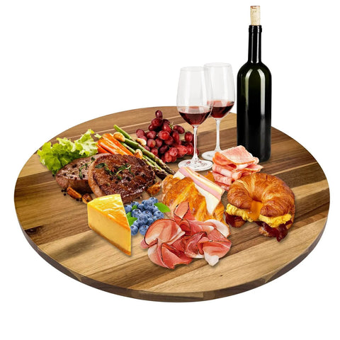 30 Inch Acacia Wood Lazy Susan Turntable with food and wine, extra large wooden serving tray for kitchen dining table centerpieces