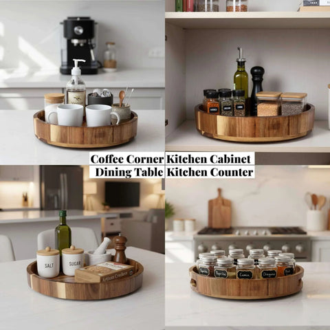 12 inch acacia wood lazy susan wooden turntable organizer on kitchen counter with cups and spices