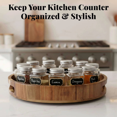 12 inch acacia wood lazy susan wooden turntable organizer with spice jars on kitchen counter.
