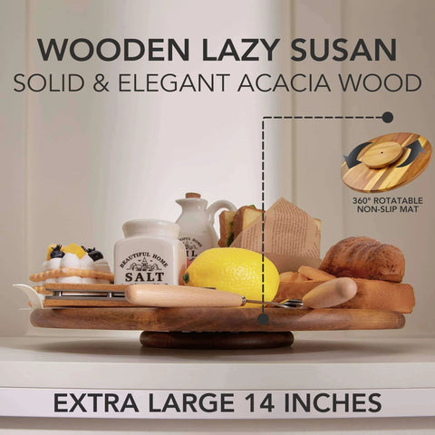 14 inch acacia wood lazy susan cabinet organizer with food items, elegant solid wood rotating turntable designed for kitchen use.