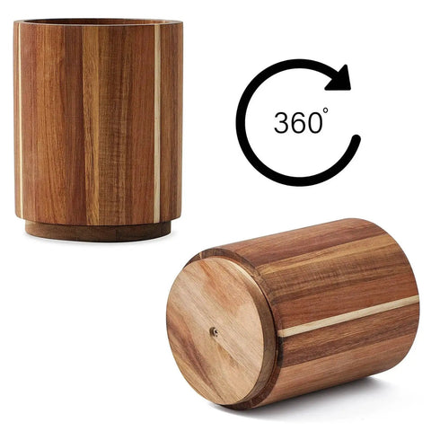Acacia Wood Utensil Holder For Kitchen Countertop With 360 Degree Rotating Base Large Deep Utensil Crock Holds 15 Plus Cooking Tools