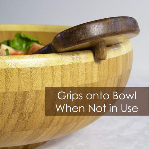 Acacia Wood Salad Hands with Non Slip Grip on bowl for tossing and serving salad greens and pasta, handheld kitchen tools