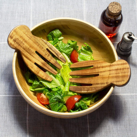 Acacia Wood Salad Hands For Tossing And Serving Non Slip Grip Kitchen Utensils For Salad Greens And Pasta Easy Toss And Plating At Table Durable Handheld Serving Tools For Home Cooks in bowl with salad
