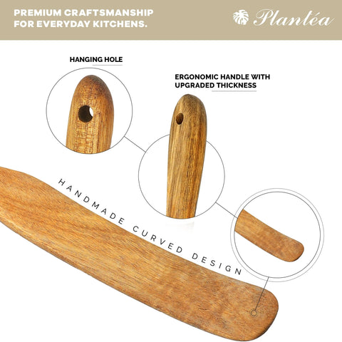 Close-up of handmade curved design and ergonomic handle of Spurtle Kitchen Tools Wooden Set For Nonstick Cookware, heat resistant.