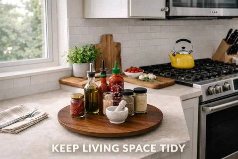 Acacia Wood Turntable Organizer Lazy Susan 21 Inch Rotating Tray on kitchen countertop with condiments and herbs.