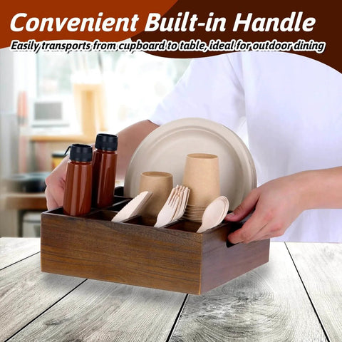 Person holding an Acacia Wood Utensil Holder for Party Wood Silverware Caddy Organizer Wooden Kitchen Utensil Holder for Counter Paper Plate with 6 Compartments for Cooking and Silverware Fork, Spoon.