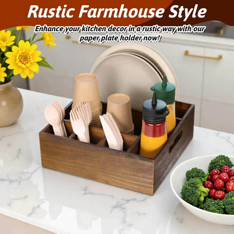 Acacia Wood Utensil Holder for Party Wood Silverware Caddy Organizer Wooden Kitchen Utensil Holder for Counter Paper Plate with 6 Compartments