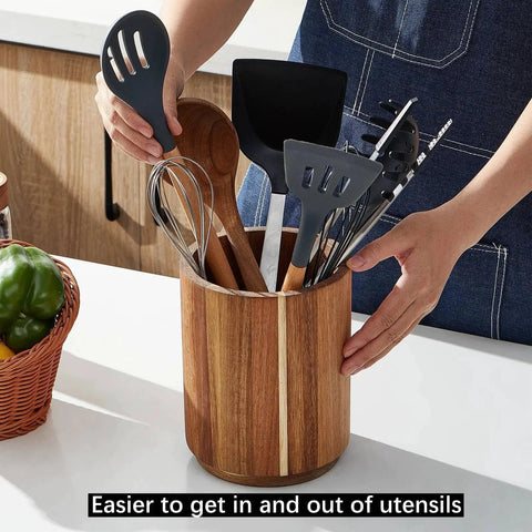 Acacia Wood Utensil Holder For Kitchen Countertop With 360 Degree Rotating Base holding cooking tools, farmhouse style decor