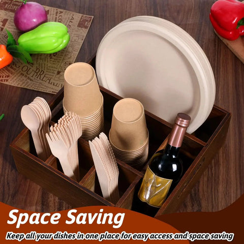 Acacia Wood Utensil Holder for Party Wood Silverware Caddy Organizer with plates, cups, and cutlery in 6 compartments on countertop.
