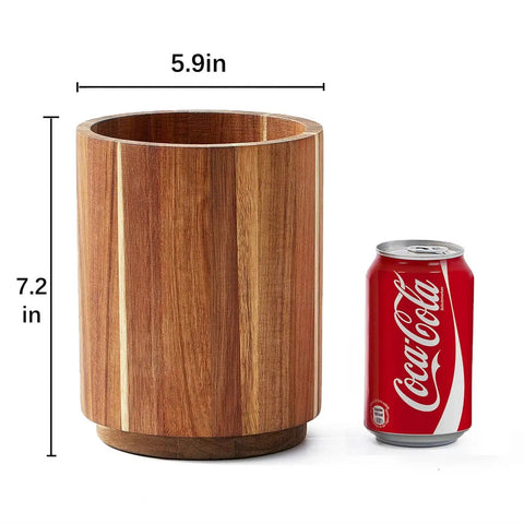 Acacia Wood Utensil Holder For Kitchen Countertop With 360 Degree Rotating Base shown beside soda can for size comparison.
