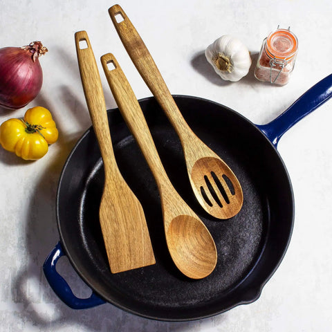 3 Piece Acacia Wood Kitchen Utensil Set With Spatula Slotted Spoon And Cooking Spoon For Flip Stir And Scoop In Nonstick Pans
